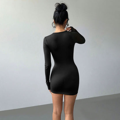 Sexy Sheer Long Sleeve Bodycon Solid Color Y2K Party Dress