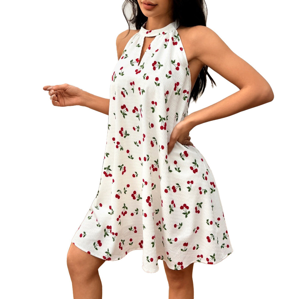 Sweet And Gentle Style Backless Loose Short Skirt Cherry Blossom Dress