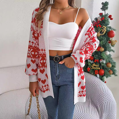2025 Christmas Clothes Women's Open Front Cardigan Knitwear Lantern Sleeve Xmas Printed Oversized Deer Sweater Pockets Knitted