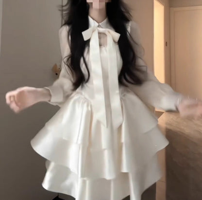 Plus Size French Style Bow Knot Mesh Patchwork Dress