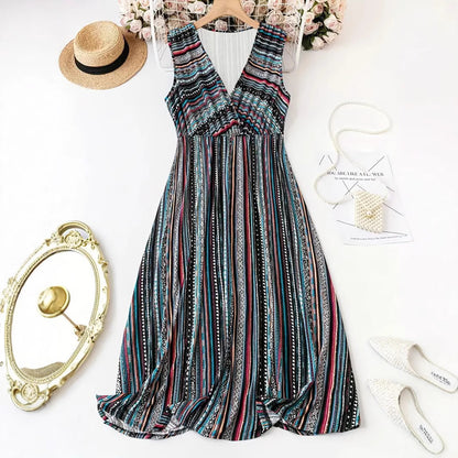Striped Print V-neck Sleeveless Dress