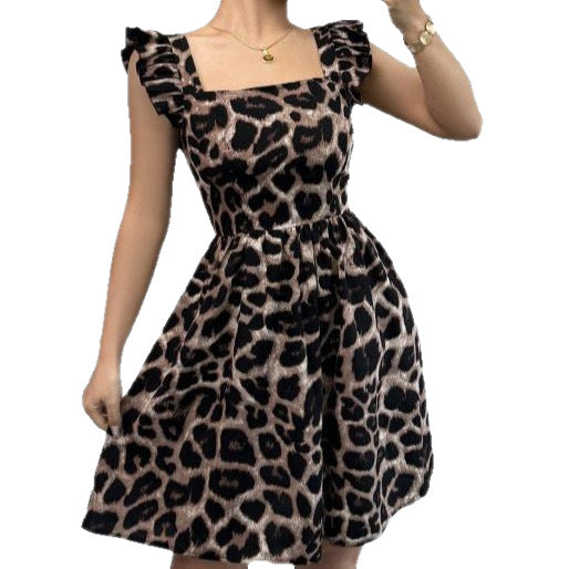 Leopard Print Tie-back Backless Ruffle Hem Dress