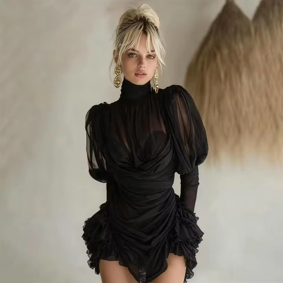 Women's Ruffle Trimmed High Neck Pleated Patchwork Dress