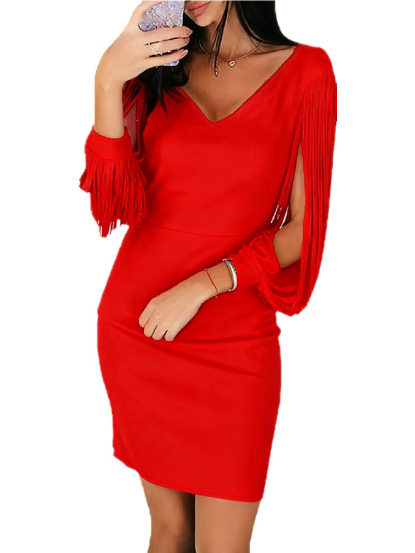 V-neck Tassel Long-sleeve Mini Sheath Party Dress