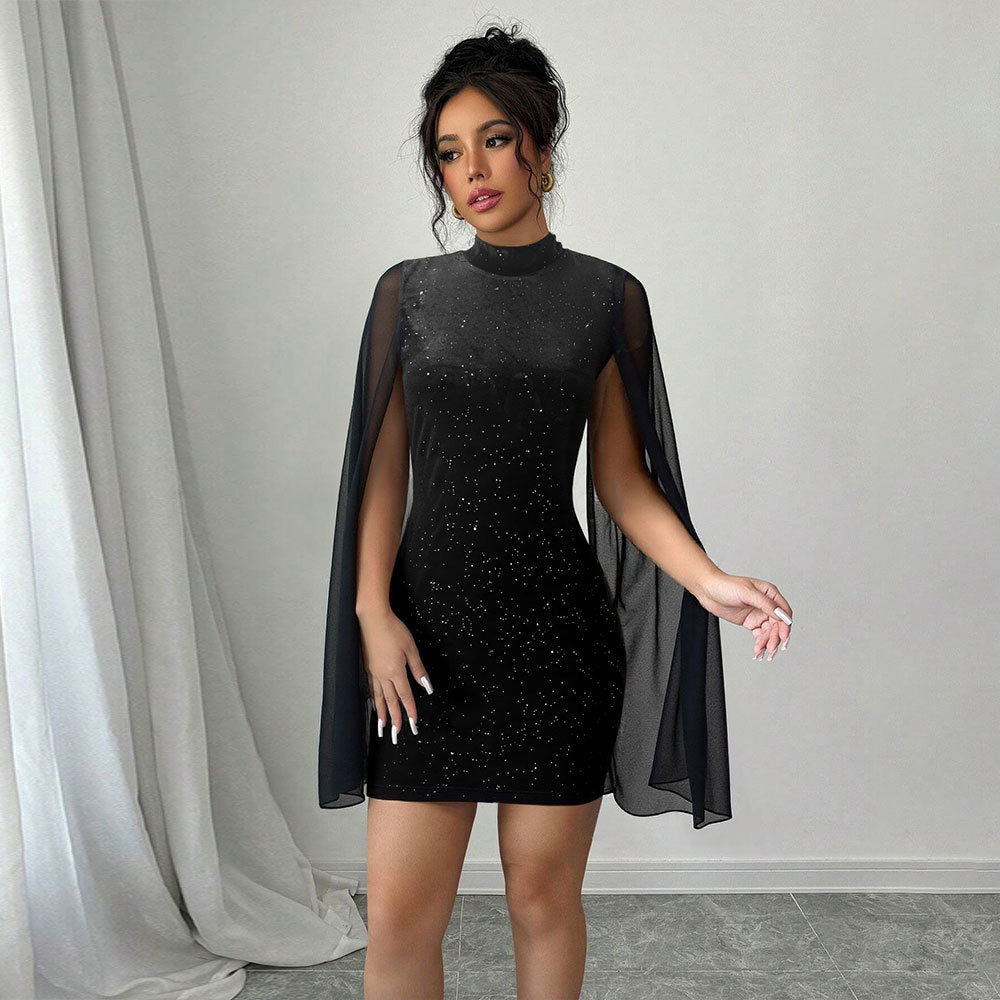 Stylish High-neck Dress Black Featuring Sparkling Rhinestones And Sequins Figure-hugging Fit Short Sleeves Mesh Patchwork