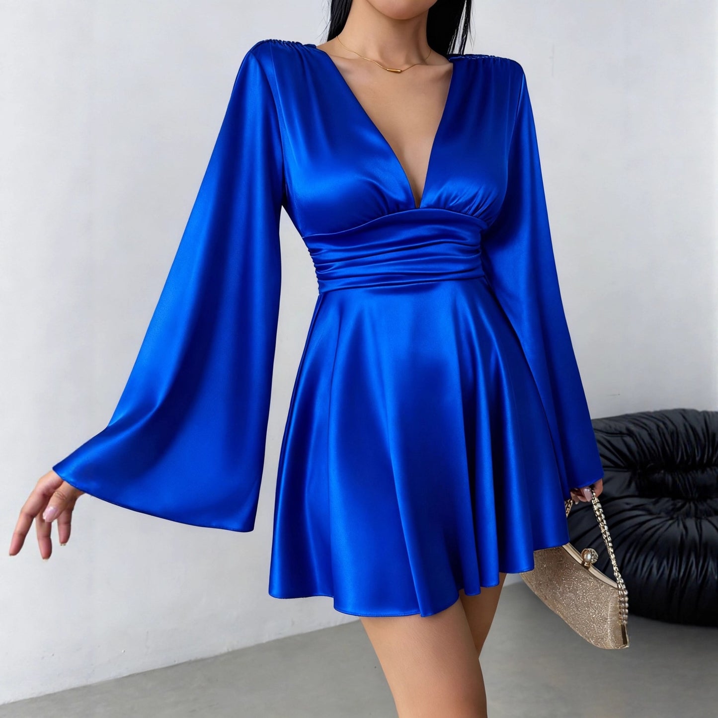 Women's Solid-Color V-Neck High-End Long-Sleeve Dress