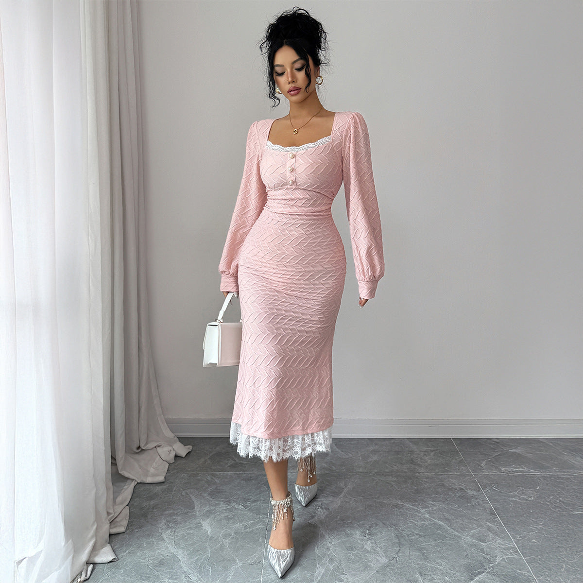 Elegant Button-down Long-sleeve Bodycon Dress For Women