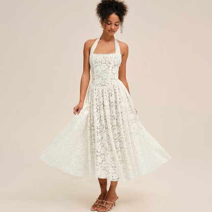 Lace Solid Color Halter Backless Bustier Waist-cinching Dress