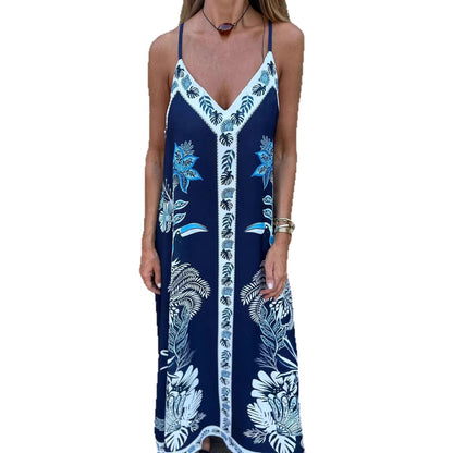 Summer New Arrival European And American Style Retro Minimalist Strap Printed Dress