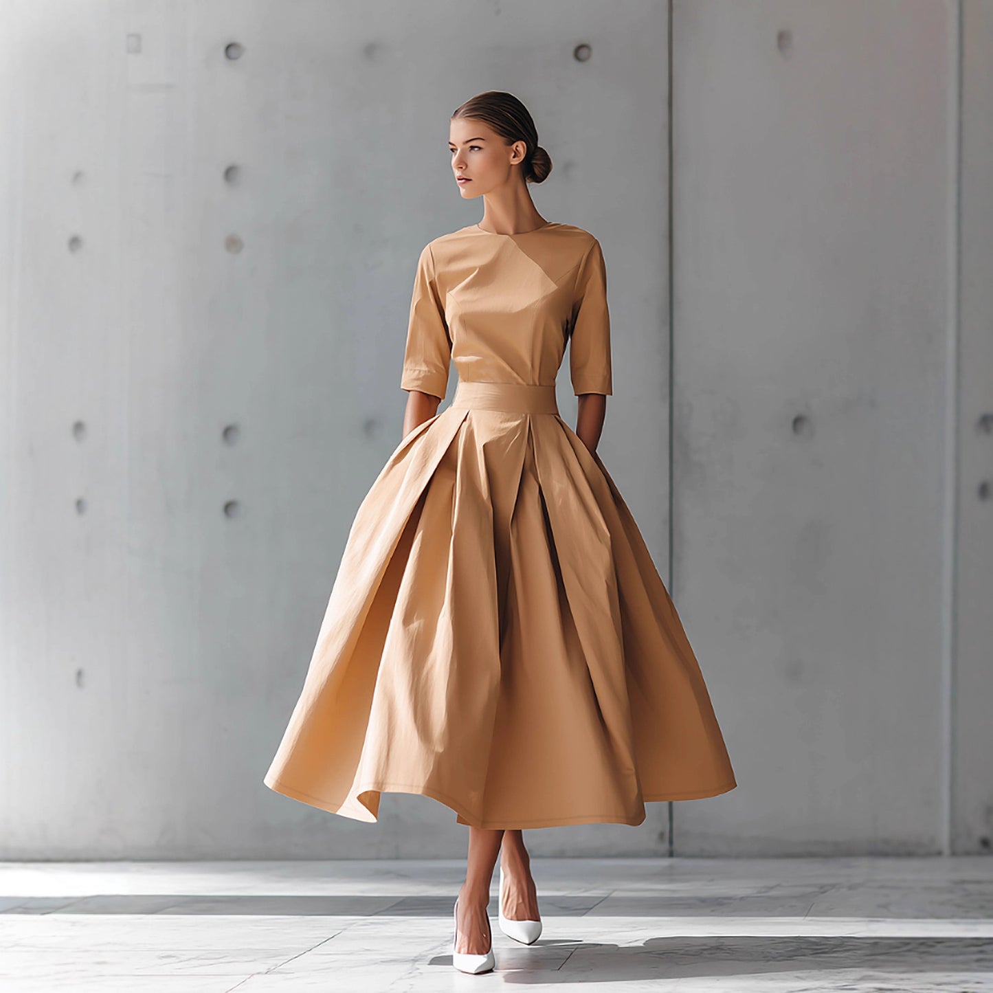 Fashionable Casual Elegant Personality Design Three-quarter Sleeve A-line Solid Color Dress