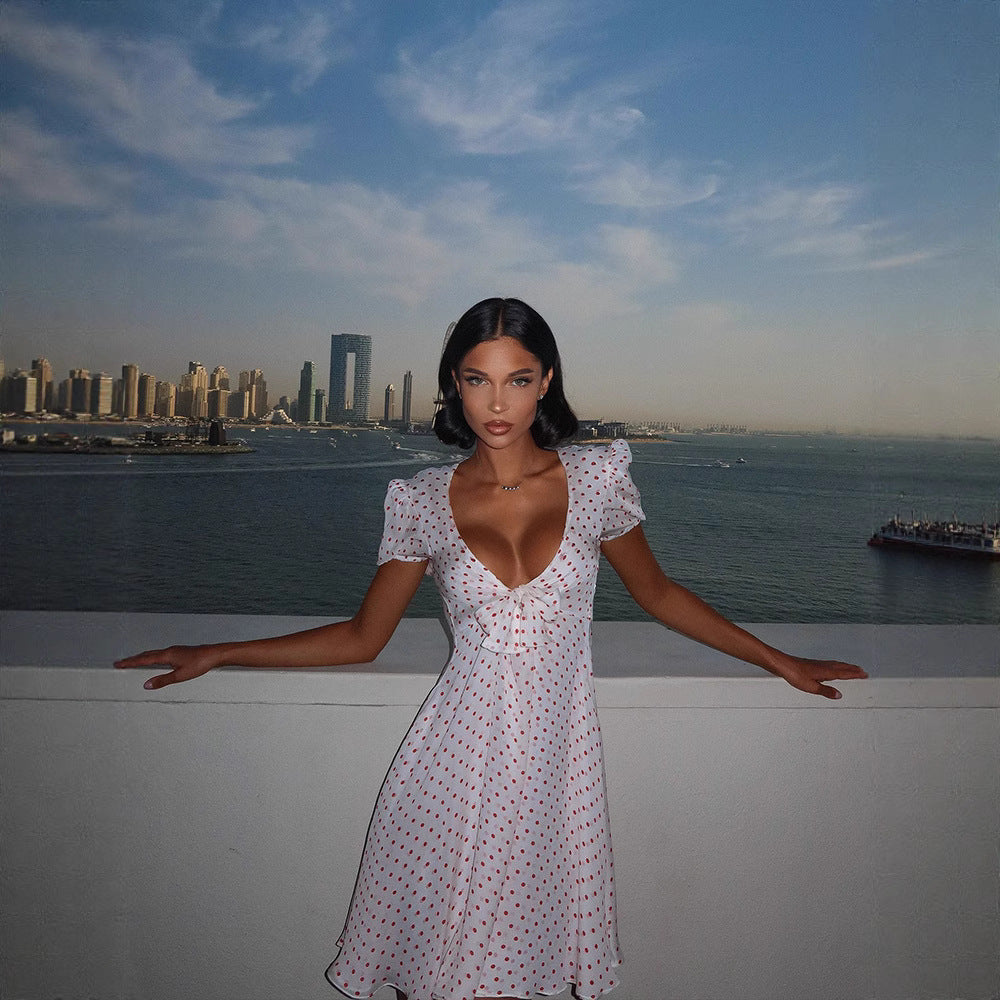Summer New Arrival Sexy Low-Cut Dress With Bow Decoration