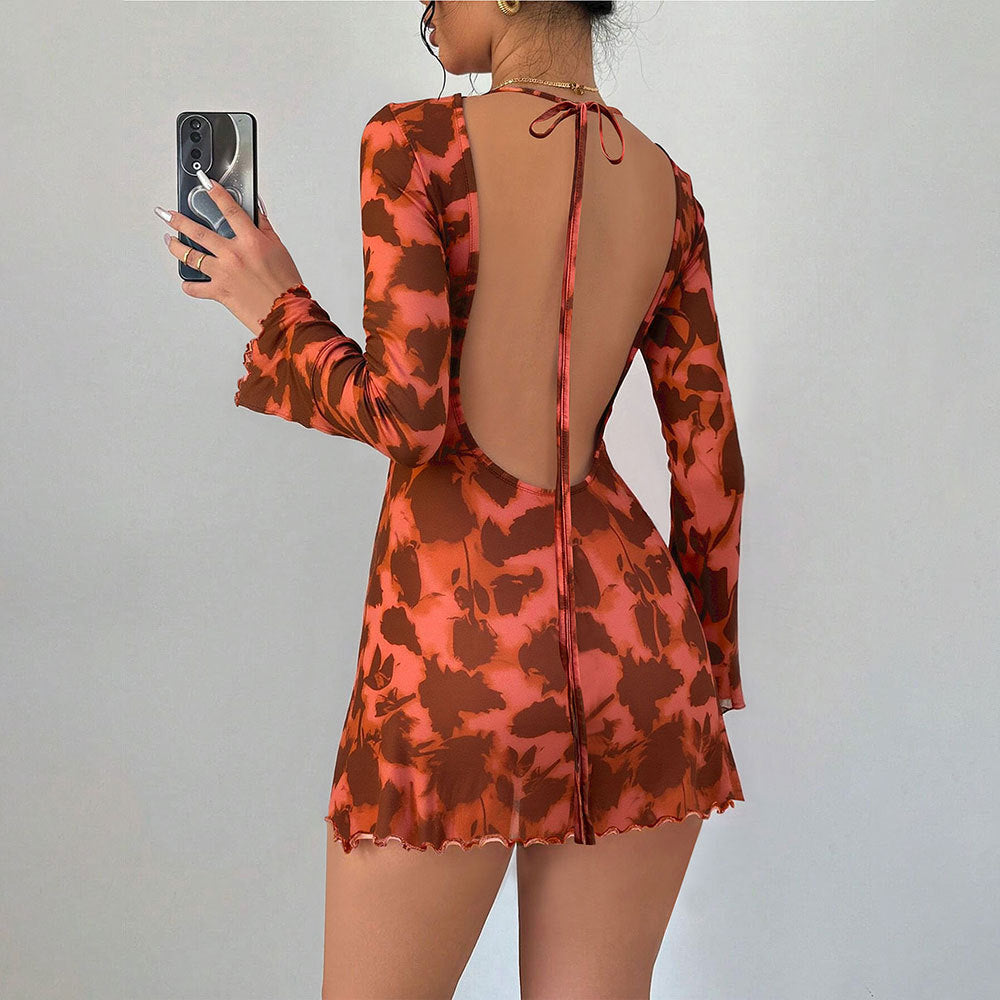 Autumn And Winter New Sexy Backless Mesh Print Long Sleeve Bodycon Dress