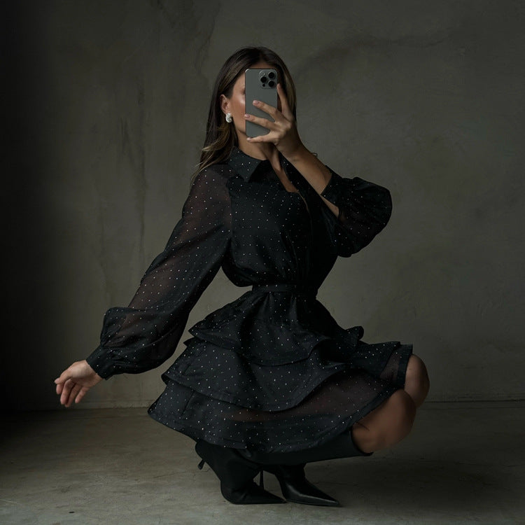 Fashionable Black A-line Dress With Diamond Embellishments, Lapel Collar, Long Sleeves, And High Waist