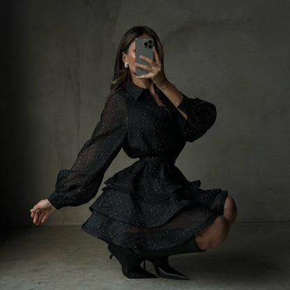 Fashionable Black A-line Dress With Diamond Embellishments, Lapel Collar, Long Sleeves, And High Waist