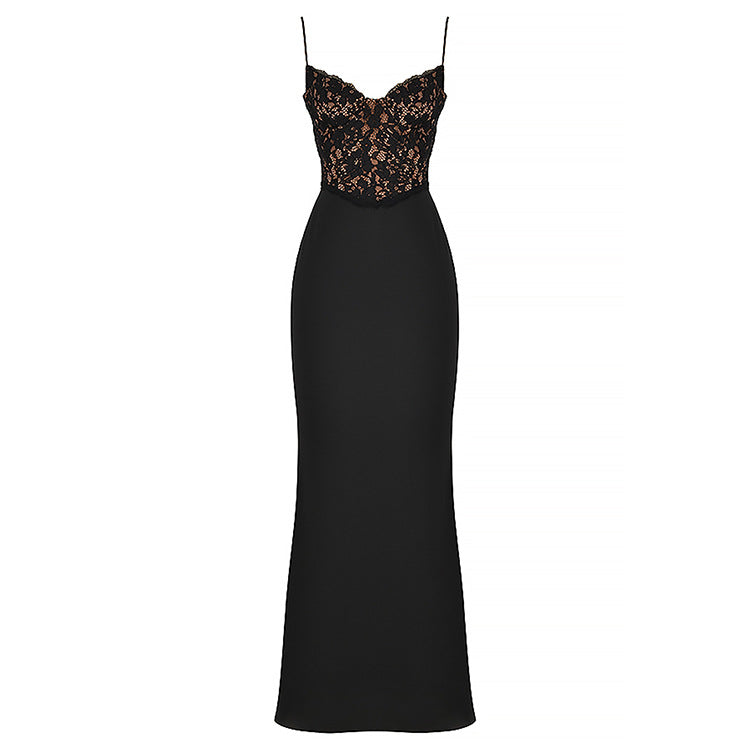 Lace High Waist Long Dress Deep V Strap Fishtail Gown