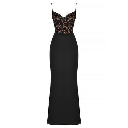 Lace High Waist Long Dress Deep V Strap Fishtail Gown