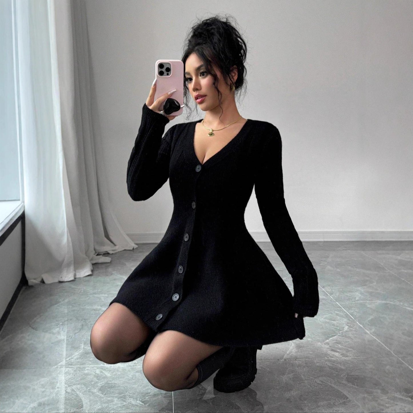 Women's Solid-Color V-Neck Knitted Dress