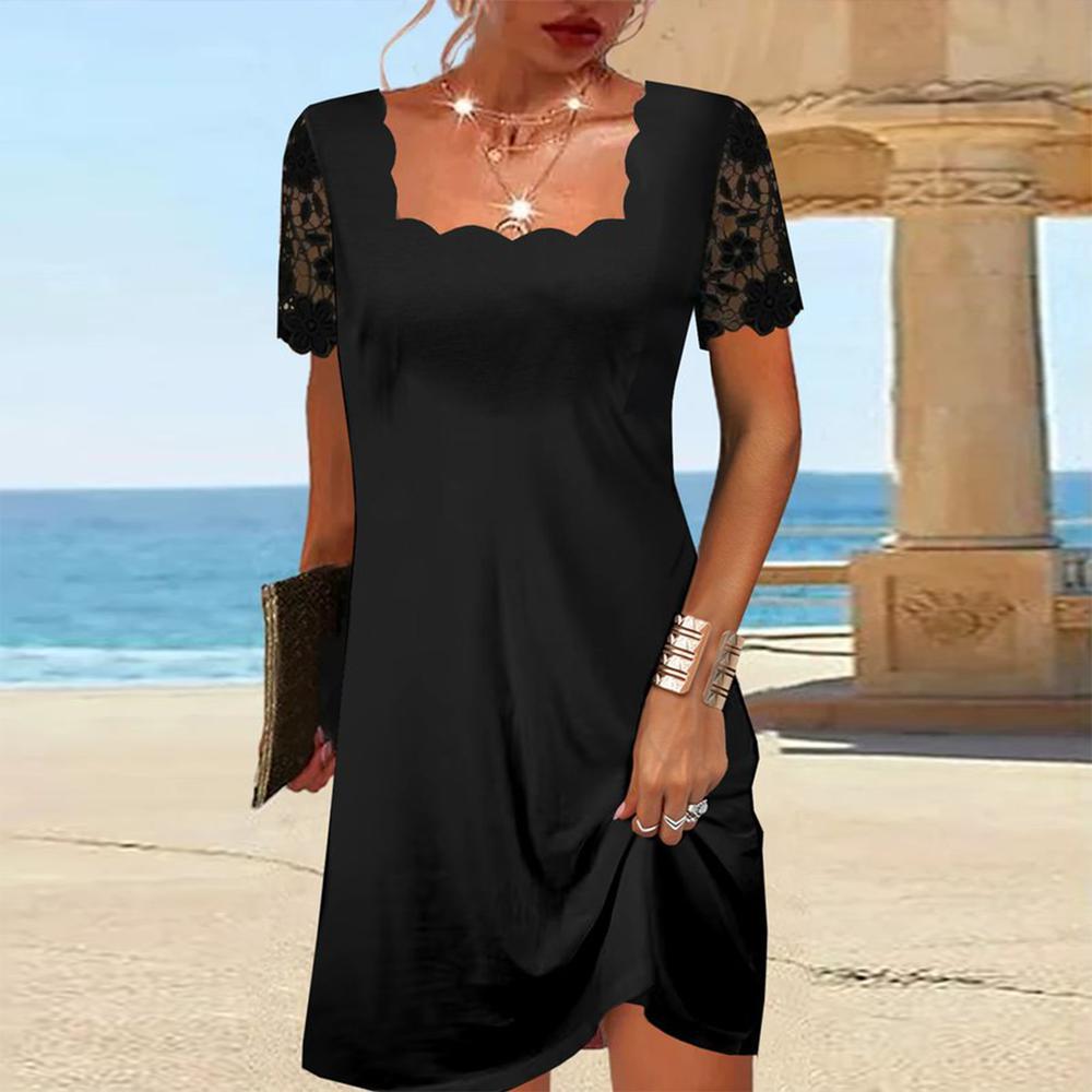 Fashionable Short-sleeve Square-neck Dress With Lace Trim