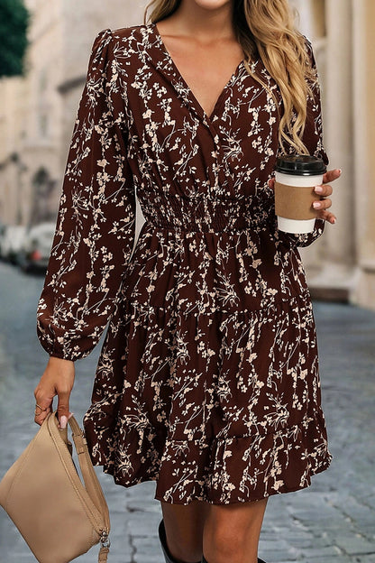 Women's Vintage French-style Brown Floral Long-sleeve Dress