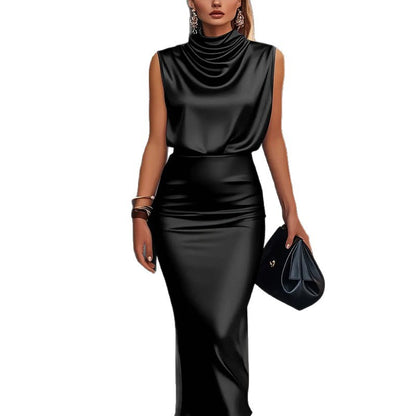 New Women's Solid Color Loose Fit Satin Casual Dress