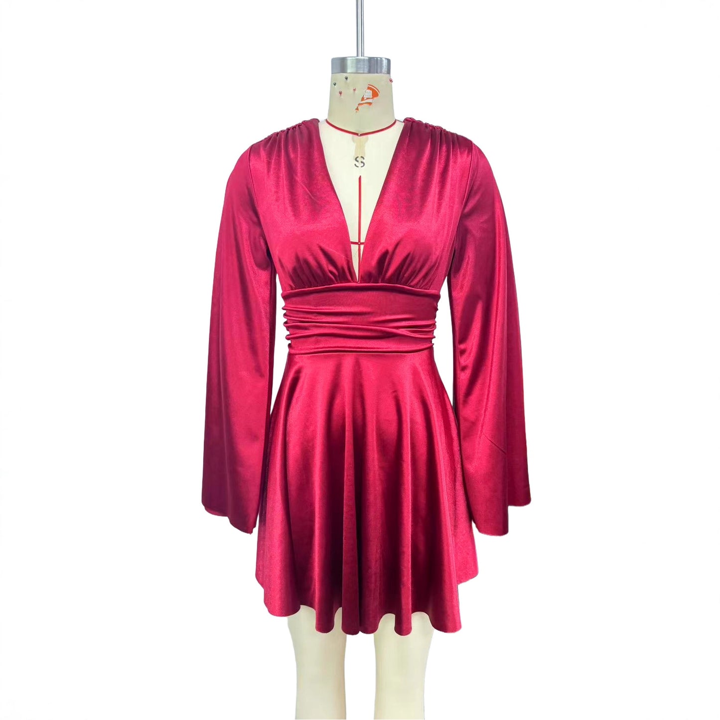 Women's Solid-Color V-Neck High-End Long-Sleeve Dress