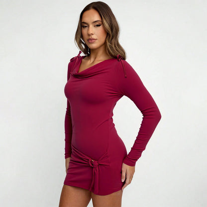 Sophisticated Mature-chic Design Wine-red Turtleneck Long-sleeve Figure-hugging Sheath Dress For Fall And Winter