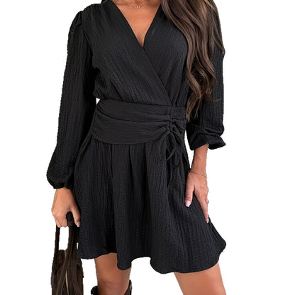 Women's Solid-Color V-Neck Puff-Sleeve Pleated Dress