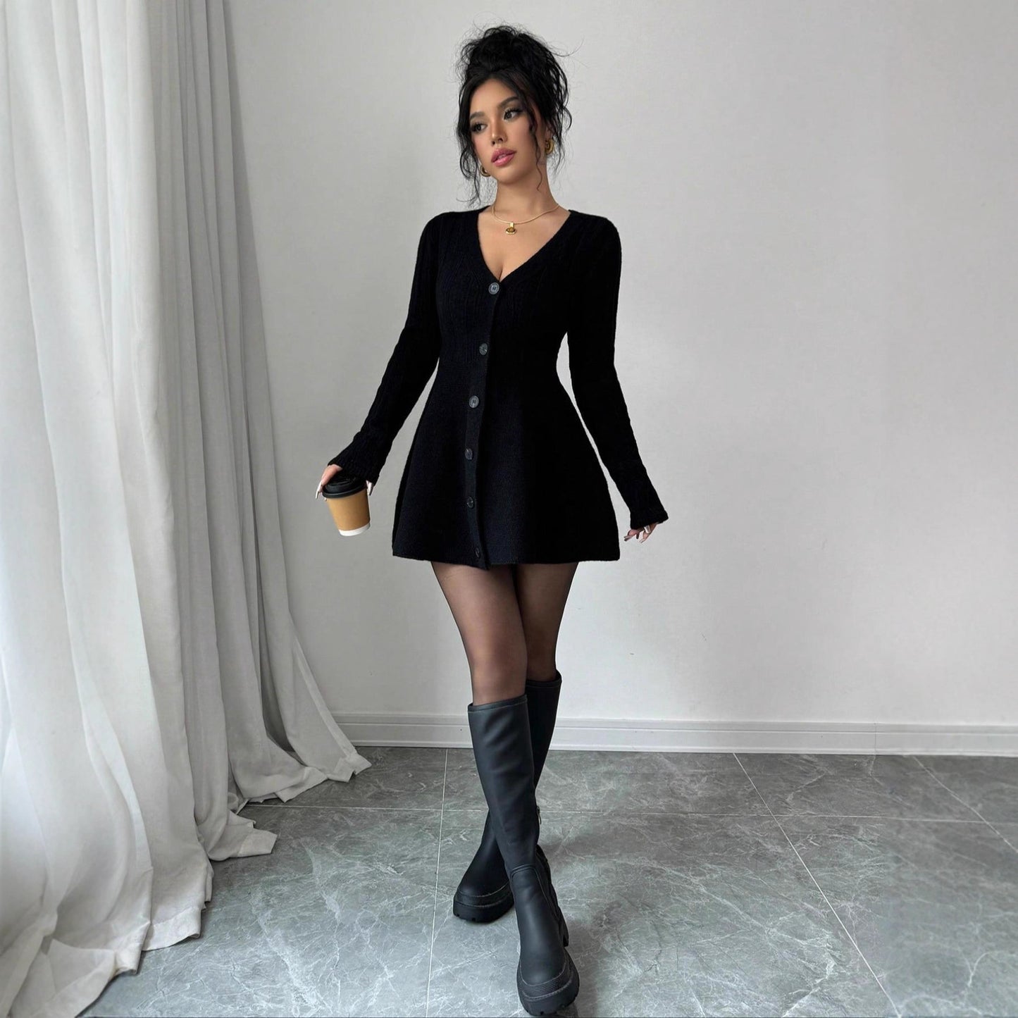 Women's Solid-Color V-Neck Knitted Dress