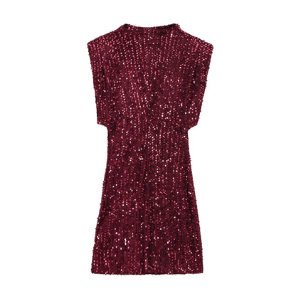 Sequins Decorated Sleeveless Shoulder Pad Sequin Dress