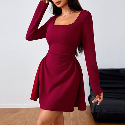 Elegant Square-neck Dress With A High-waisted Designer-style Wine-red Hue