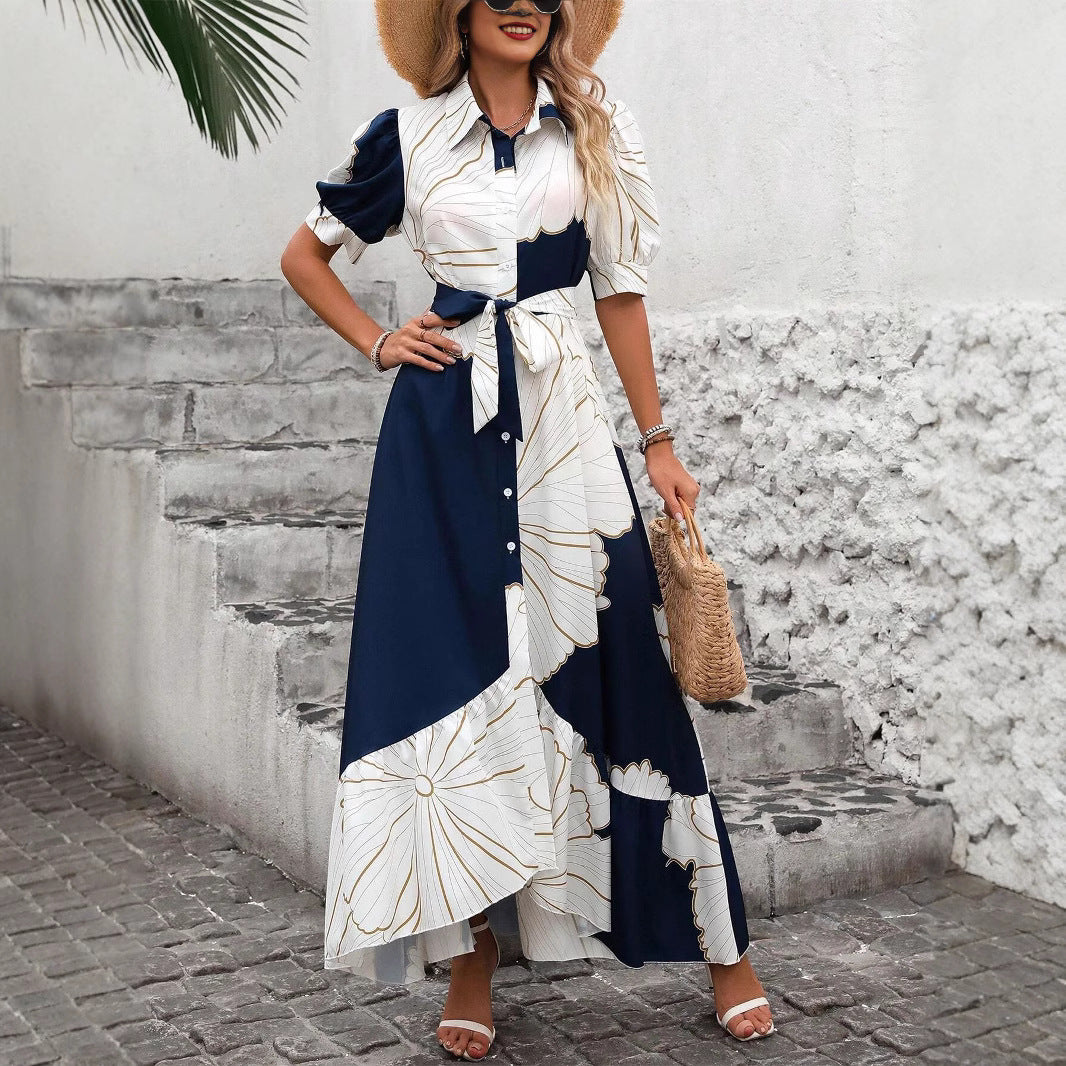 Women's Casual Printed Dress With A Turn-down Collar And Cinched Waist