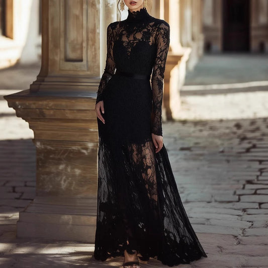 Women's Solid-color Hollow-out Vintage Stand-collar Long-sleeve Lace Maxi Dress With A Fitted Waist