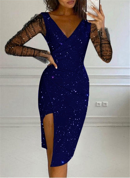Hot-stone-embellished V-neck Sheath Mesh Dress For Women