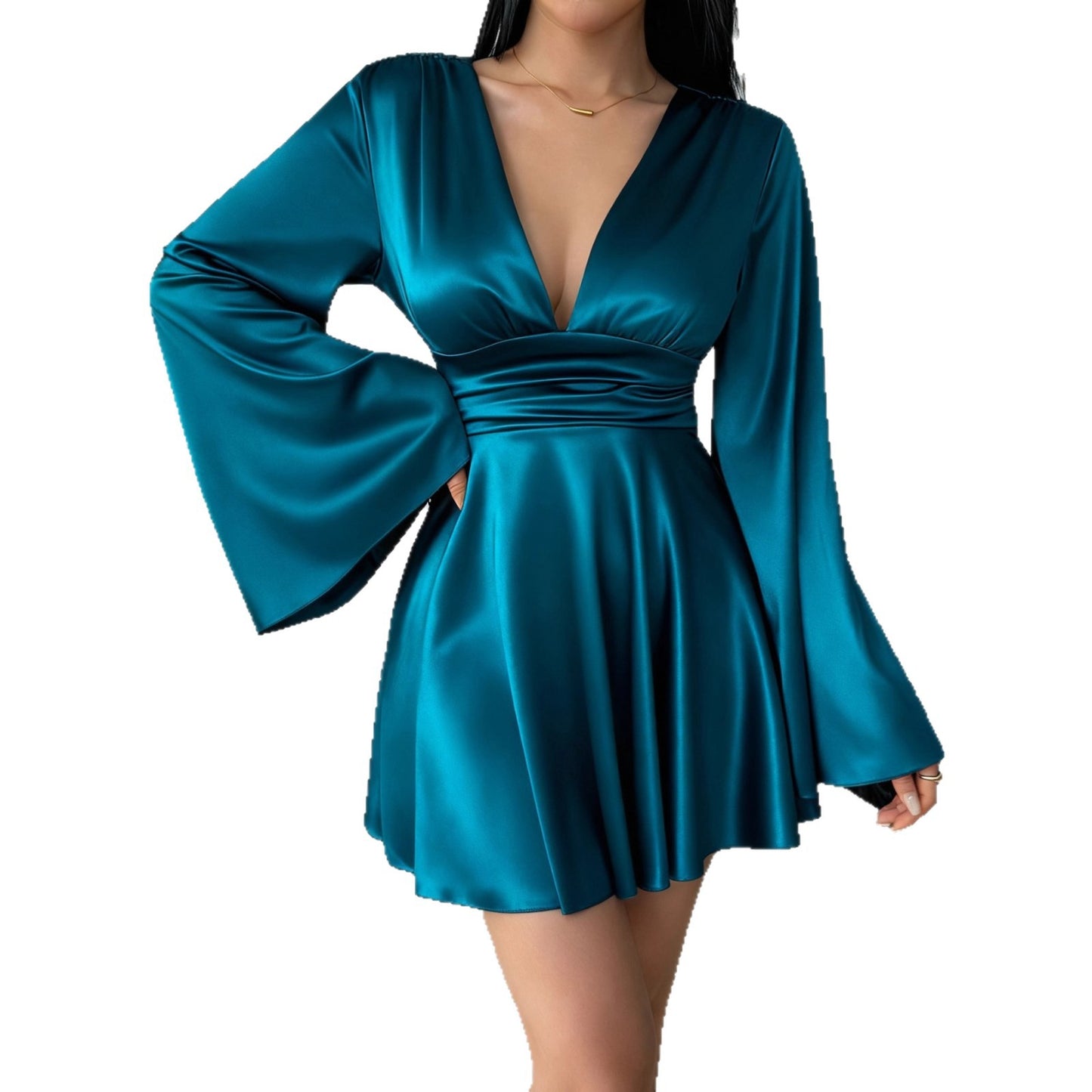 Women's Solid-Color V-Neck High-End Long-Sleeve Dress