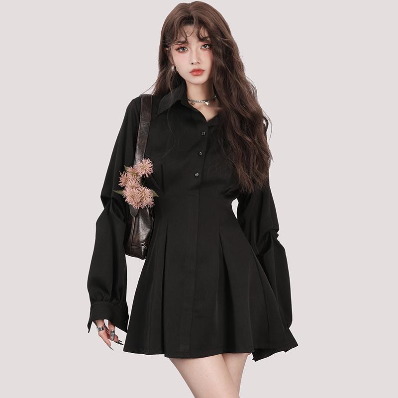French-style Black Long-sleeved Waist-cinching Figure-flattering Dress