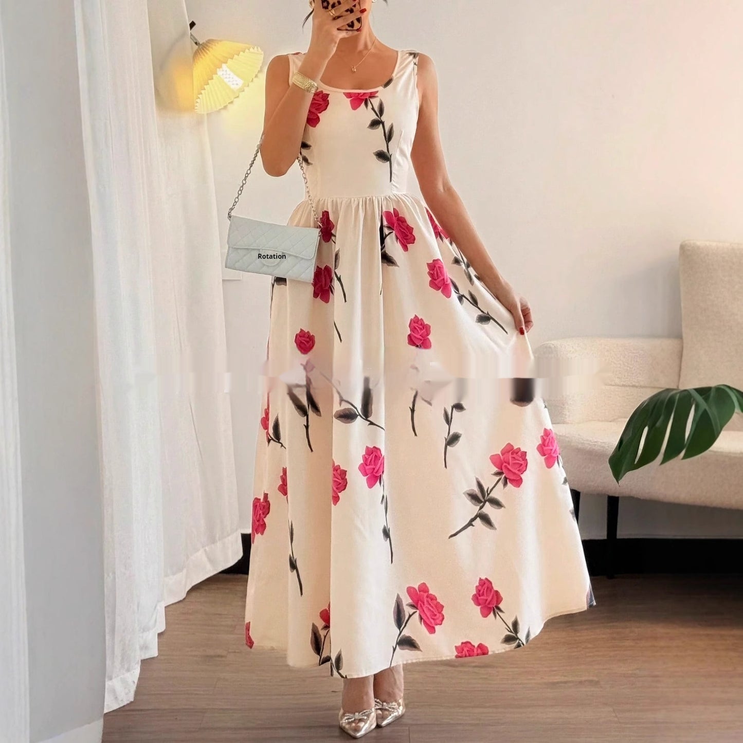Women's Floral Print Square-Neck Sleeveless Elegant Dress