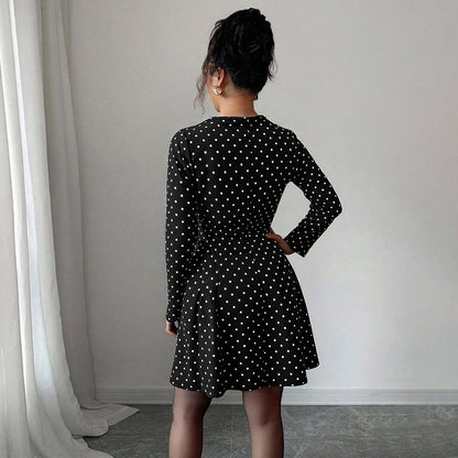 Fashionable Sweet Polka-Dot V-Neck Long-Sleeve Elastic-Waist Dress