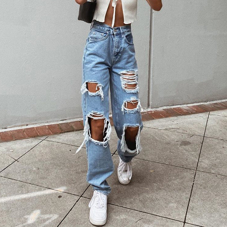 Women's American Retro Hole-punched Jeans Women High Waist Straight-crotch Loose Slim Design High-street Vibe Wide-legged Dragging Pants