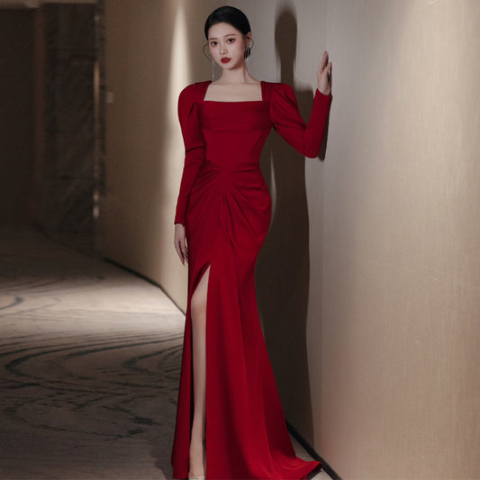 Fishtail Square Collar Long Sleeve Design Simple Satin Evening Dress