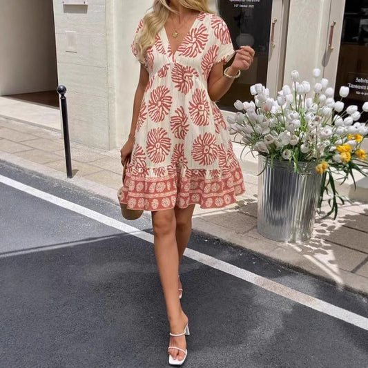 Women's Loose Casual V-Neck Digital-Print Short-Sleeve Dress