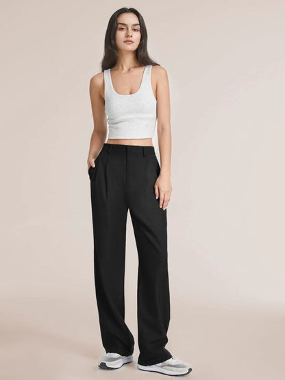 High Waist Straight Trousers With Pockets Wide Leg Casual Pants For Women