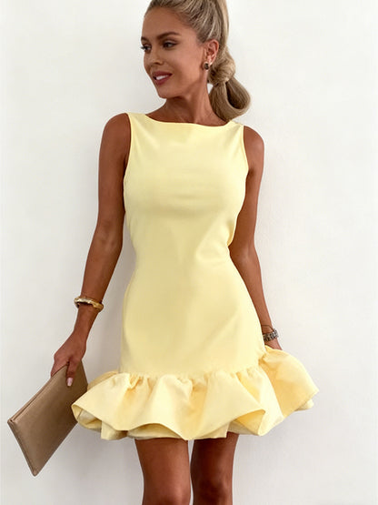 Sweet-style Ruffled-panel Bloomers Crew-neck Suspender Short Skirt