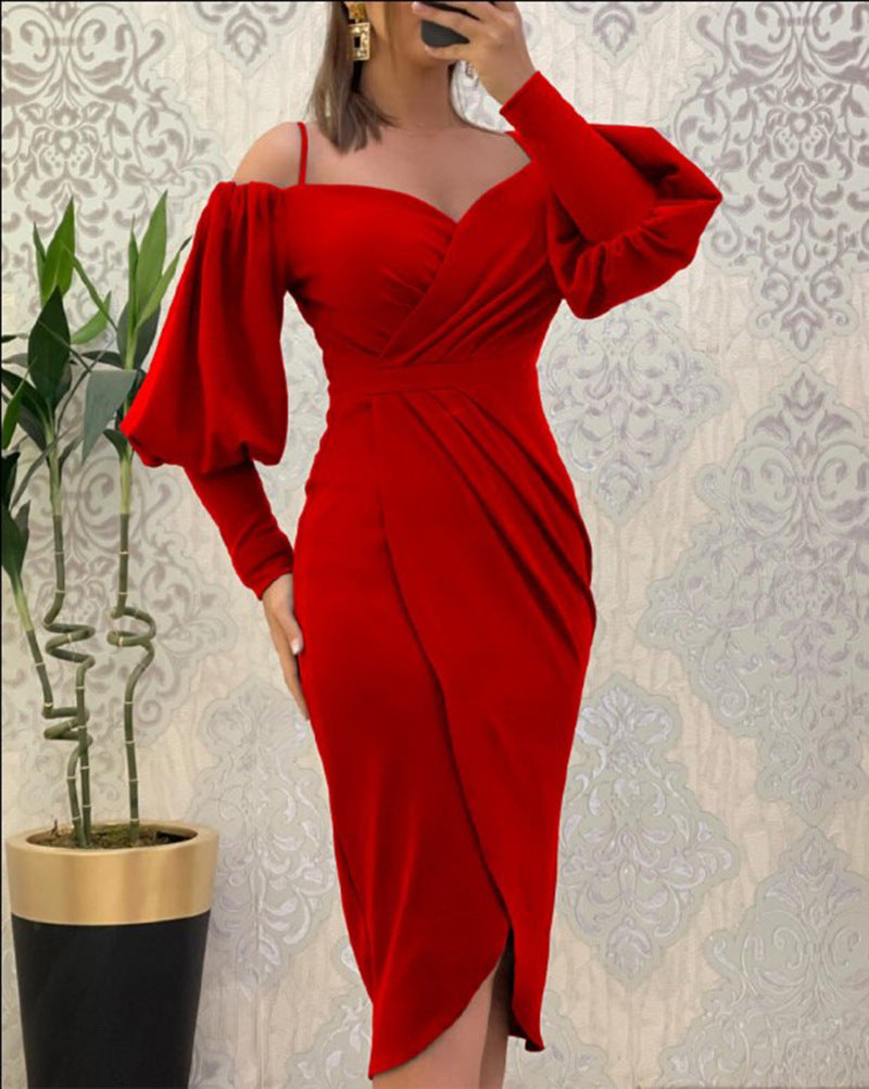 Women's Strapless Halter Neck Lantern-sleeve Waist Cinching Pleated Dress