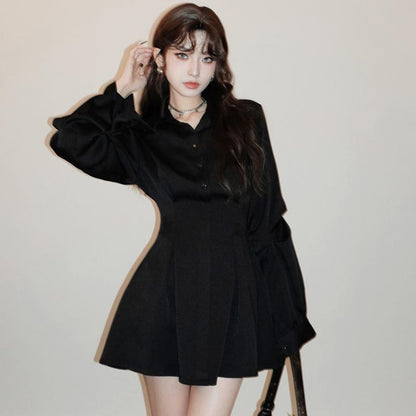 French-style Black Long-sleeved Waist-cinching Figure-flattering Dress