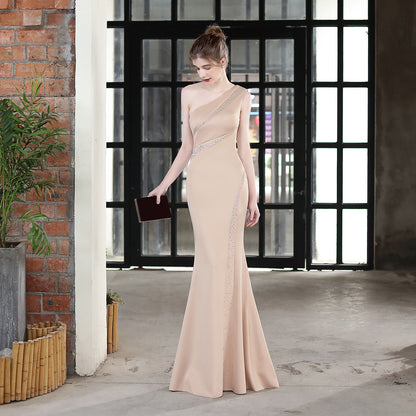 Toast Dress Long One-shoulder Thank You Banquet Slim Fishtail Skirt