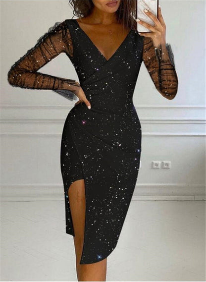 Hot-stone-embellished V-neck Sheath Mesh Dress For Women