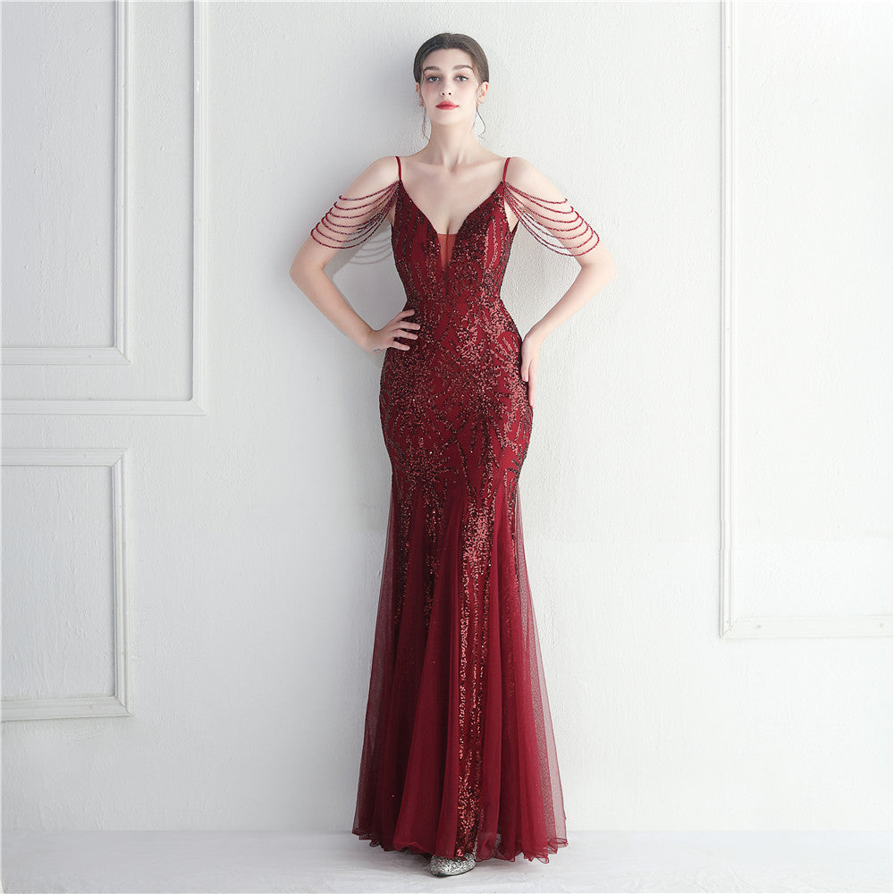 Mesh Beaded Dinner Long Camisole Evening Gown