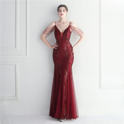 Mesh Beaded Dinner Long Camisole Evening Gown