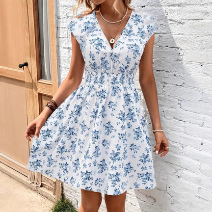Women's Casual Loose-fit V-neck Floral Dress