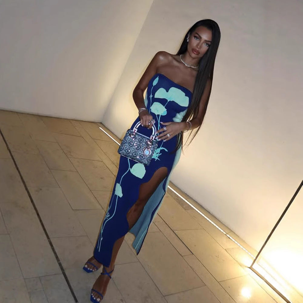 Women's Fashionable Printed Bodycon Slit Slip Dress